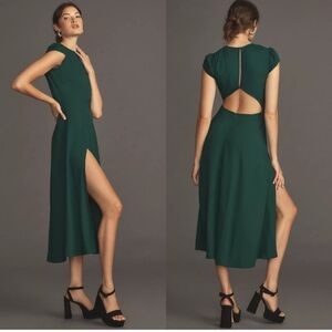 Reformation Gavin Emerald Green Dress Open Back Cap Sleeve Slit Midi Size 12